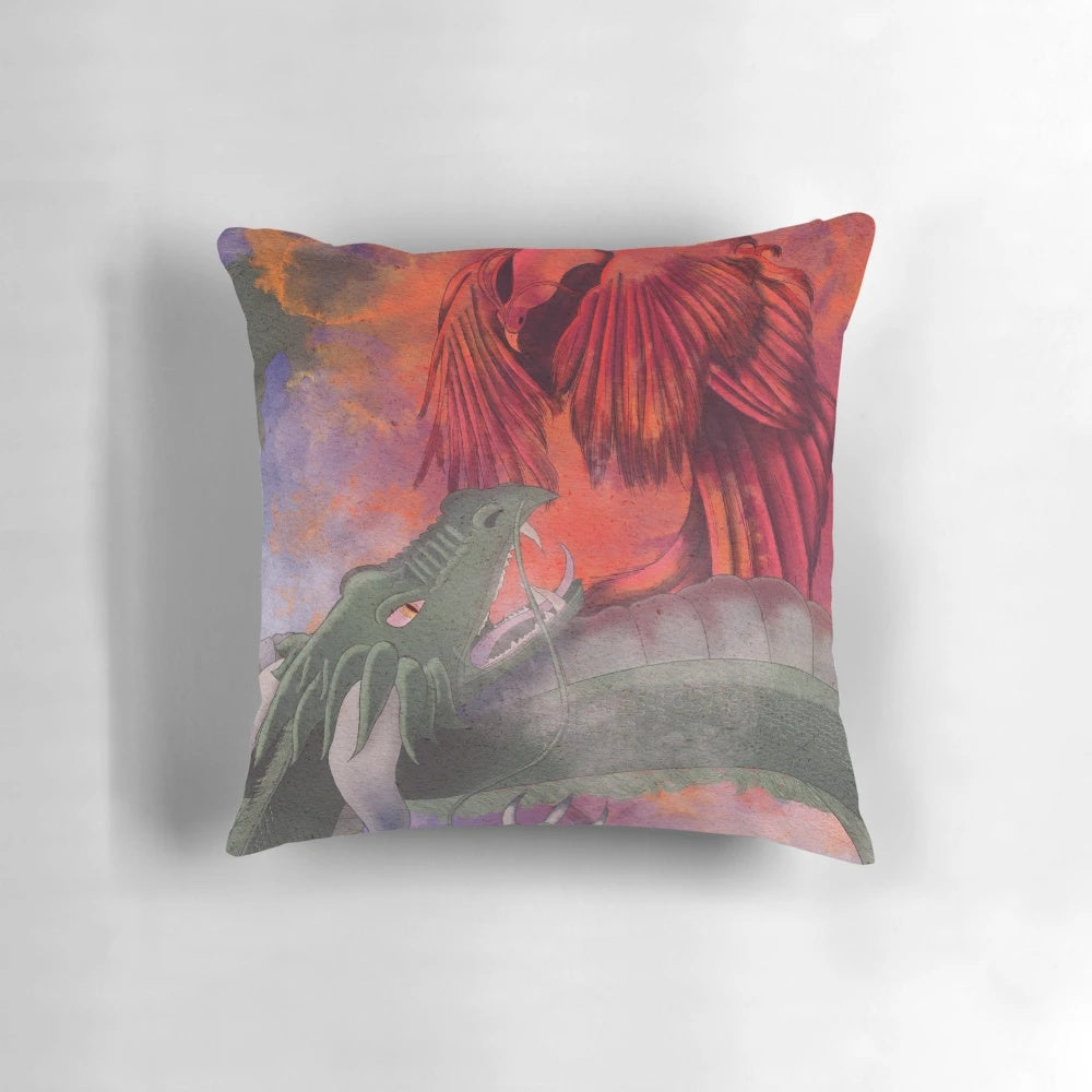 Vibrant dragon and phoenix fight depicted on a plush, decorative pillow