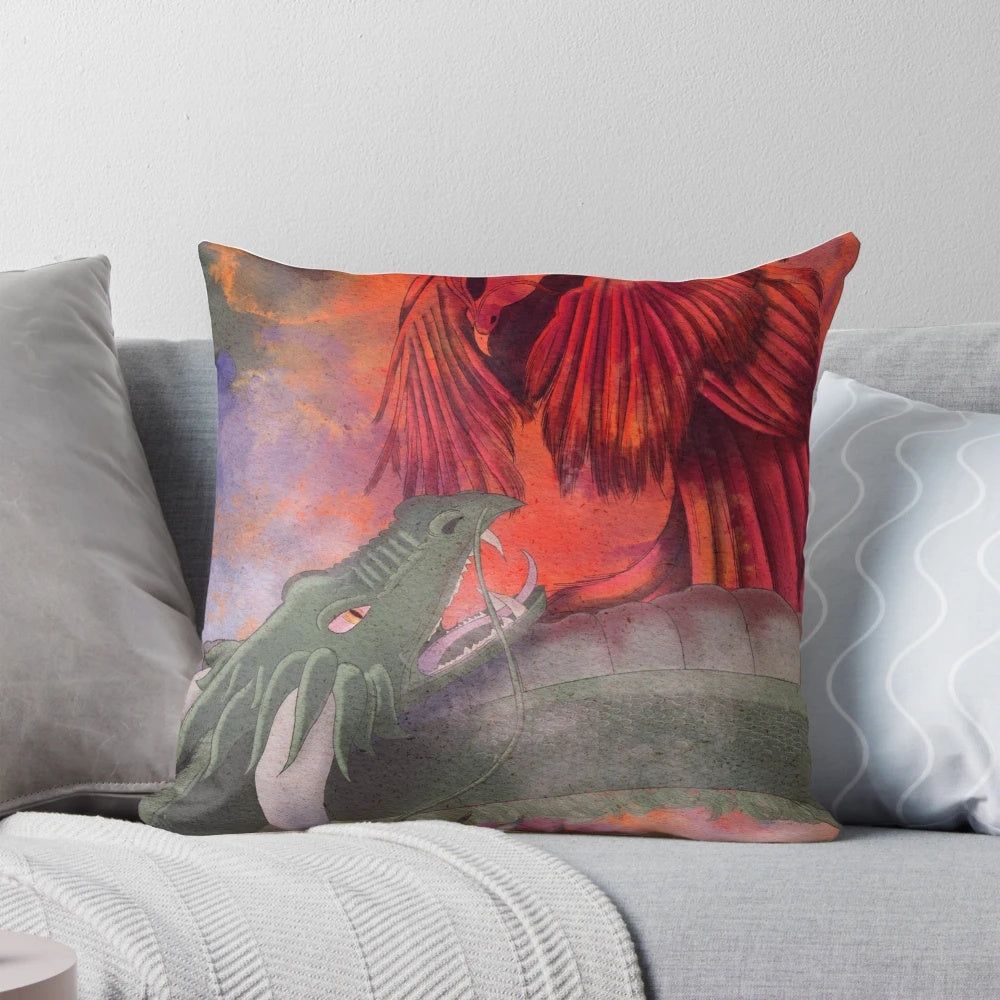 Vibrant dragon and phoenix fight depicted on a plush, decorative pillow