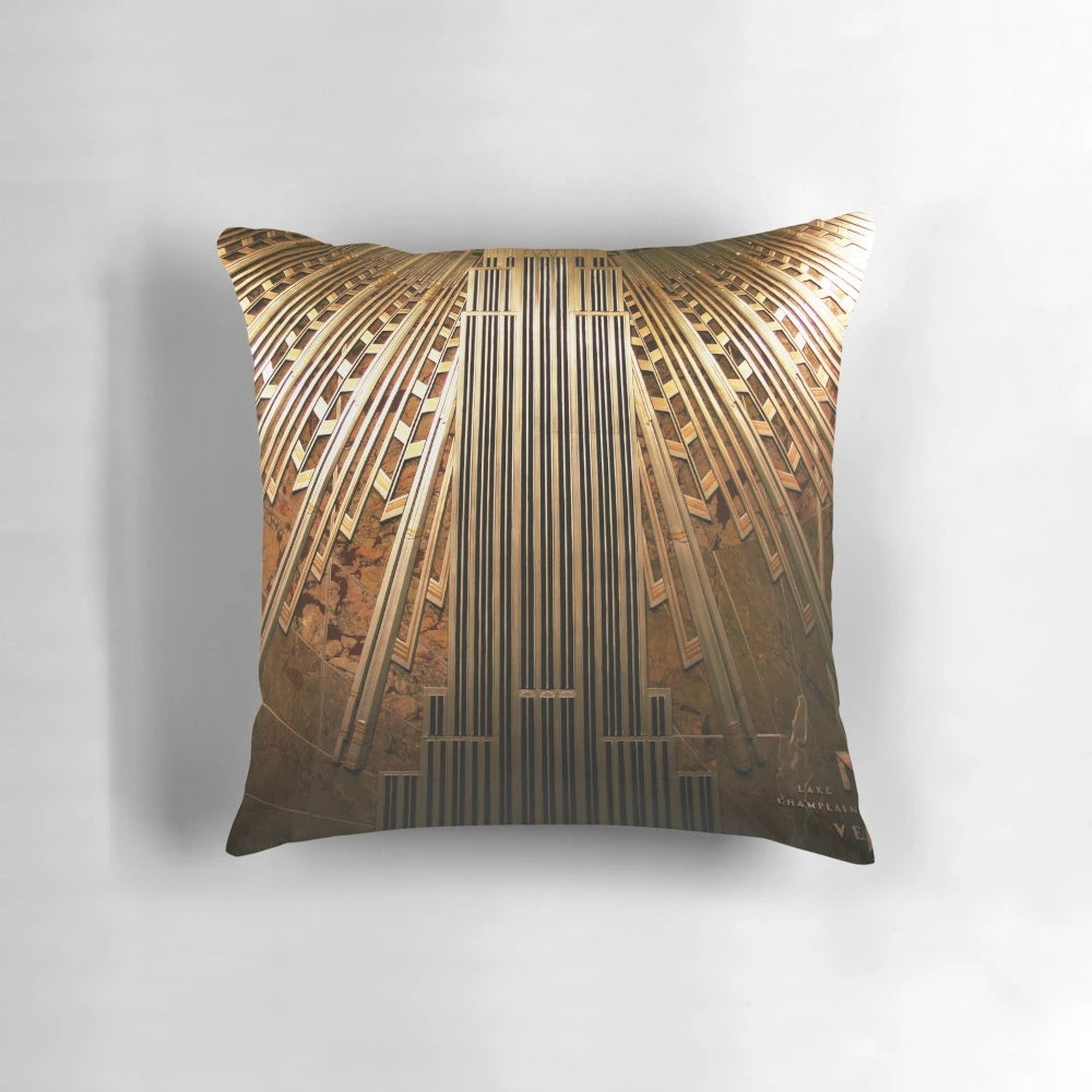 Empire State Building lobby-inspired decorative pillow with a stunning mural design