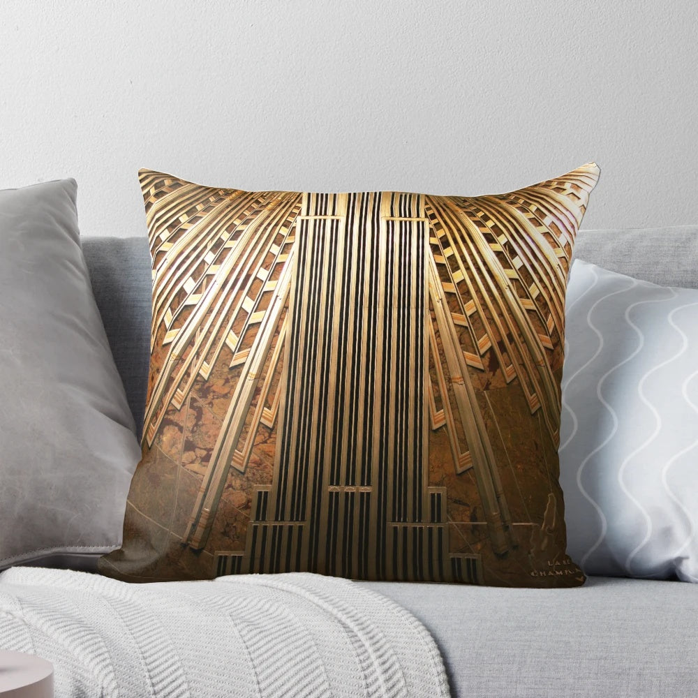 Empire State Building lobby-inspired decorative pillow with a stunning mural design