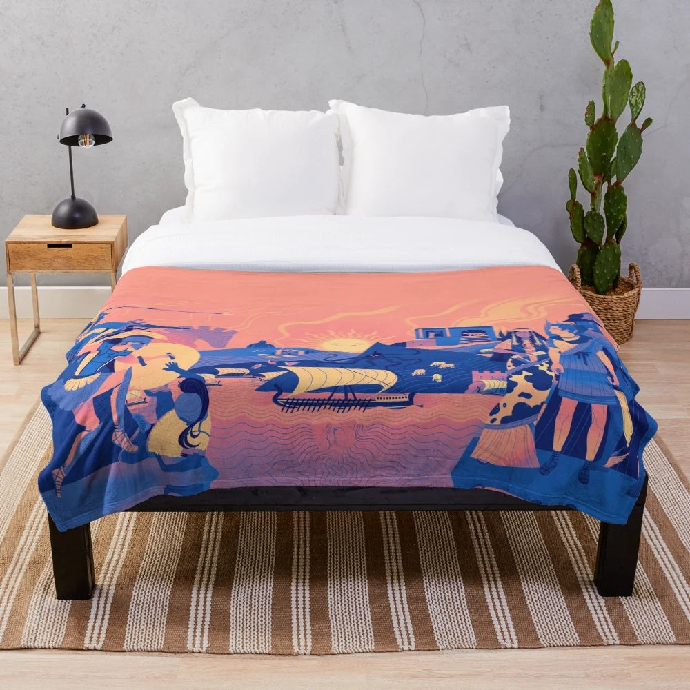Epic Trilogy Landscape Plush Blanket with Greek Mythology Motifs