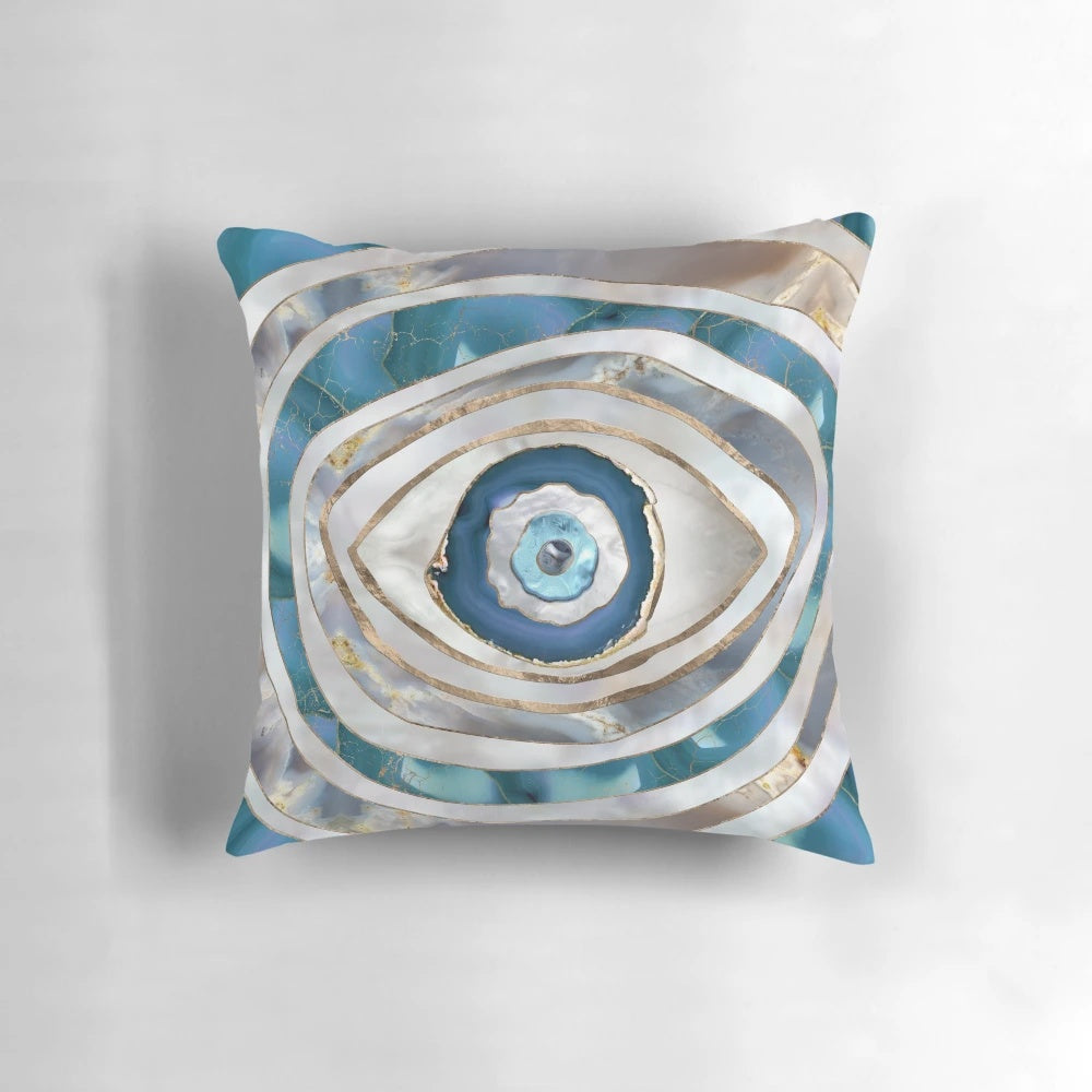Decorative Evil Eye Pillow with Intricate Gold and Mineral Textures
