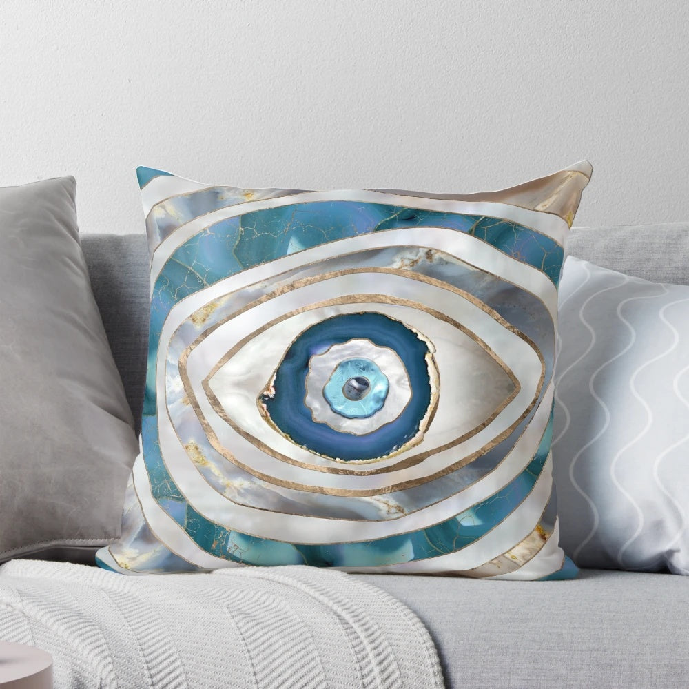 Decorative Evil Eye Pillow with Intricate Gold and Mineral Textures