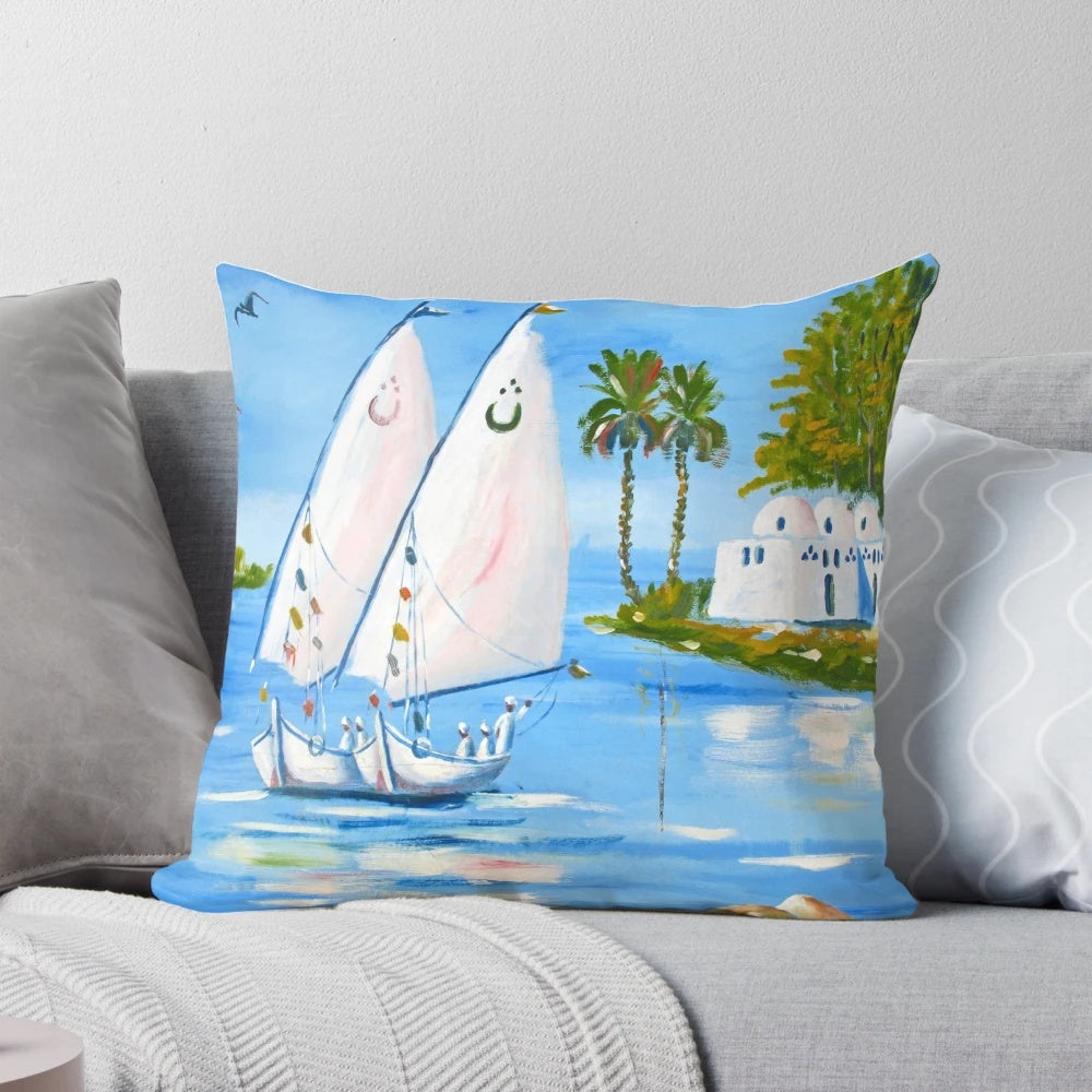 Decorative pillow featuring a vibrant image of traditional felucca boats sailing on the Nile River in Egypt