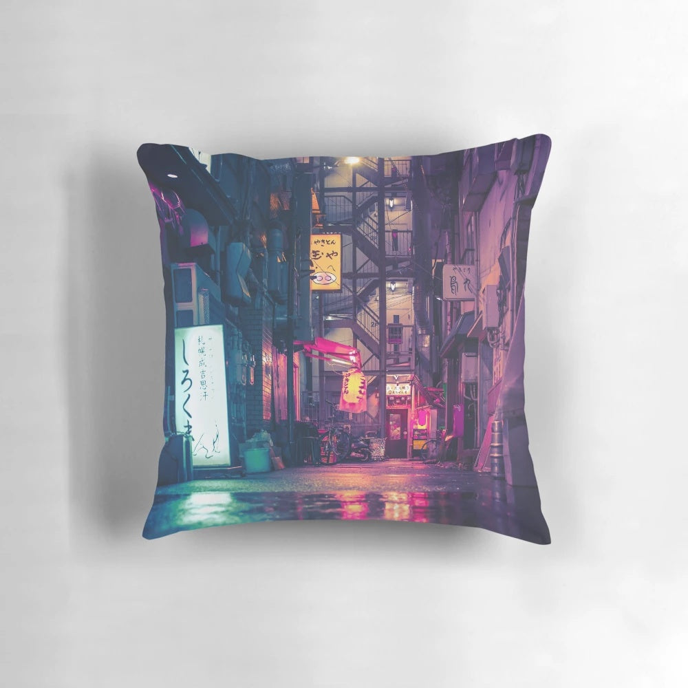 Film noir-inspired Tokyo pillow featuring a moody, neon-lit cityscape