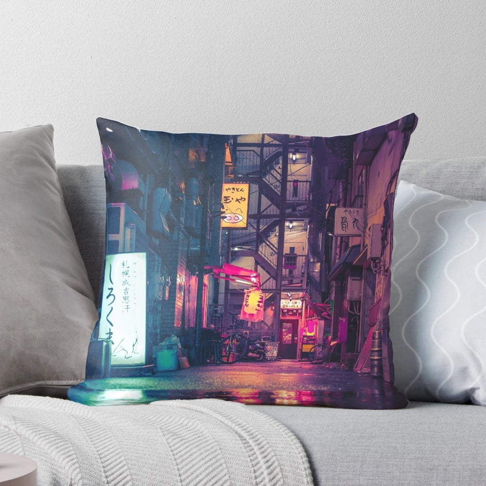 Film noir-inspired Tokyo pillow featuring a moody, neon-lit cityscape