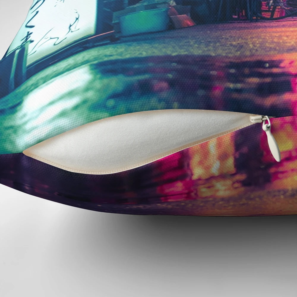 Film noir-inspired Tokyo pillow featuring a moody, neon-lit cityscape