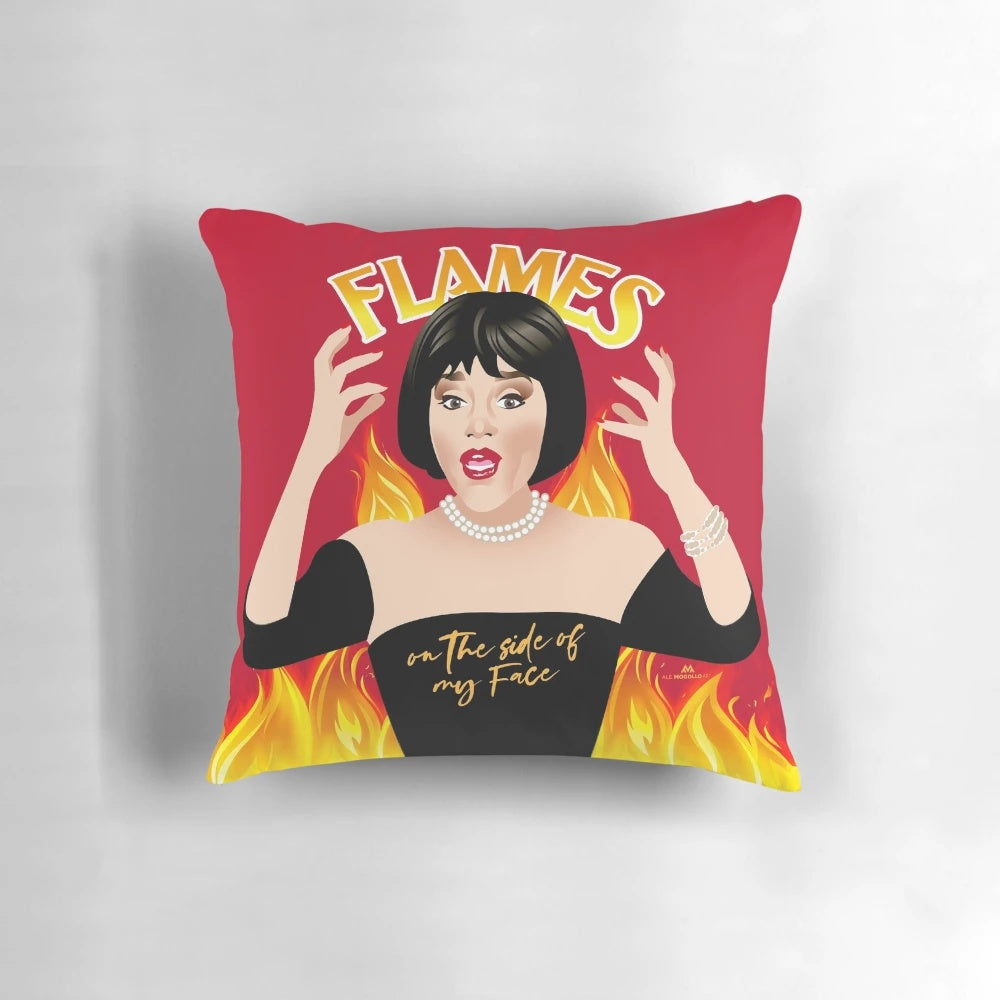 Flames Pillow featuring an abstract, surreal face art design by Alejandro Mogolloart.