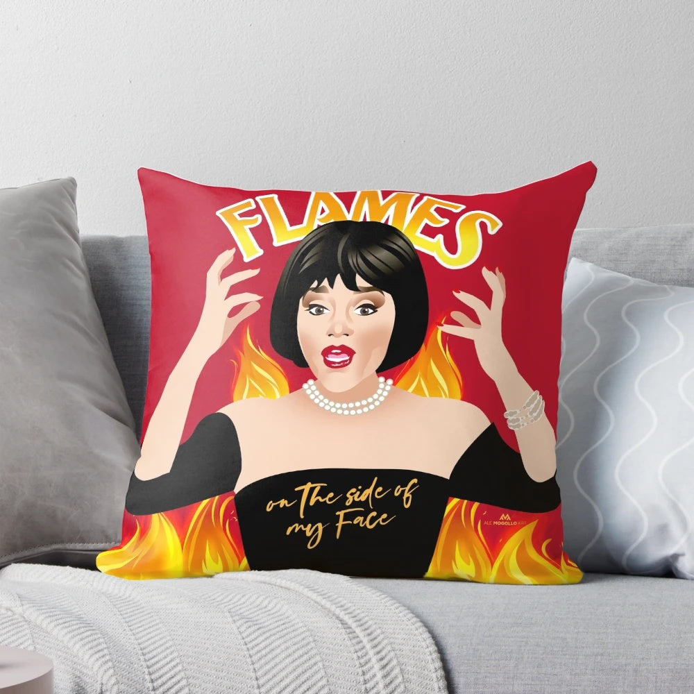 Flames Pillow featuring an abstract, surreal face art design by Alejandro Mogolloart.