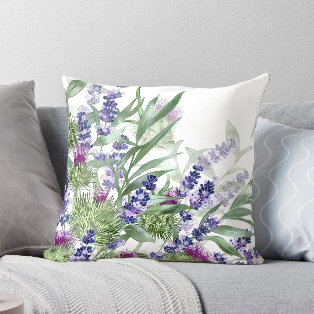 A vibrant and artistic pillow featuring thistles and lavender flowers, created by Scottish designer Fiona Calder.