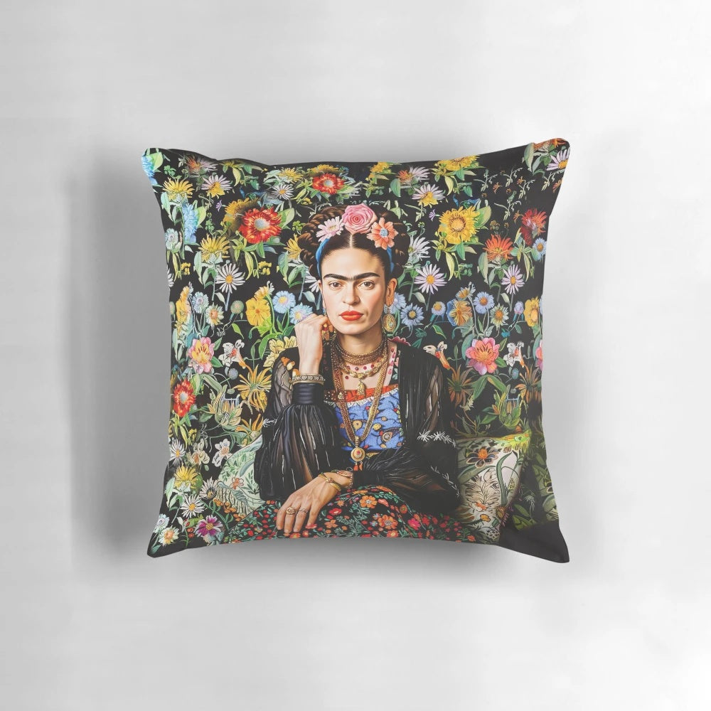 Colorful Frida Kahlo inspired floral throw pillow with Mexican artistic design