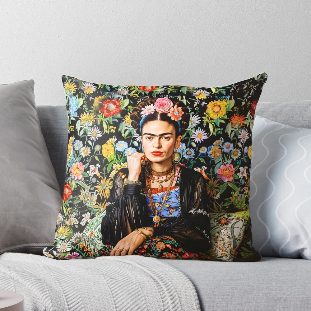 Colorful Frida Kahlo inspired floral throw pillow with Mexican artistic design
