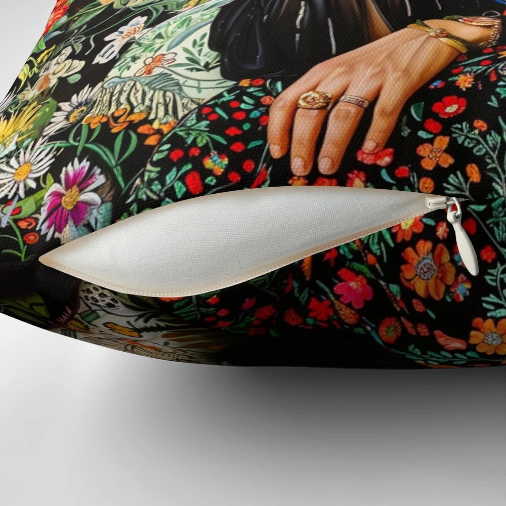 Colorful Frida Kahlo inspired floral throw pillow with Mexican artistic design