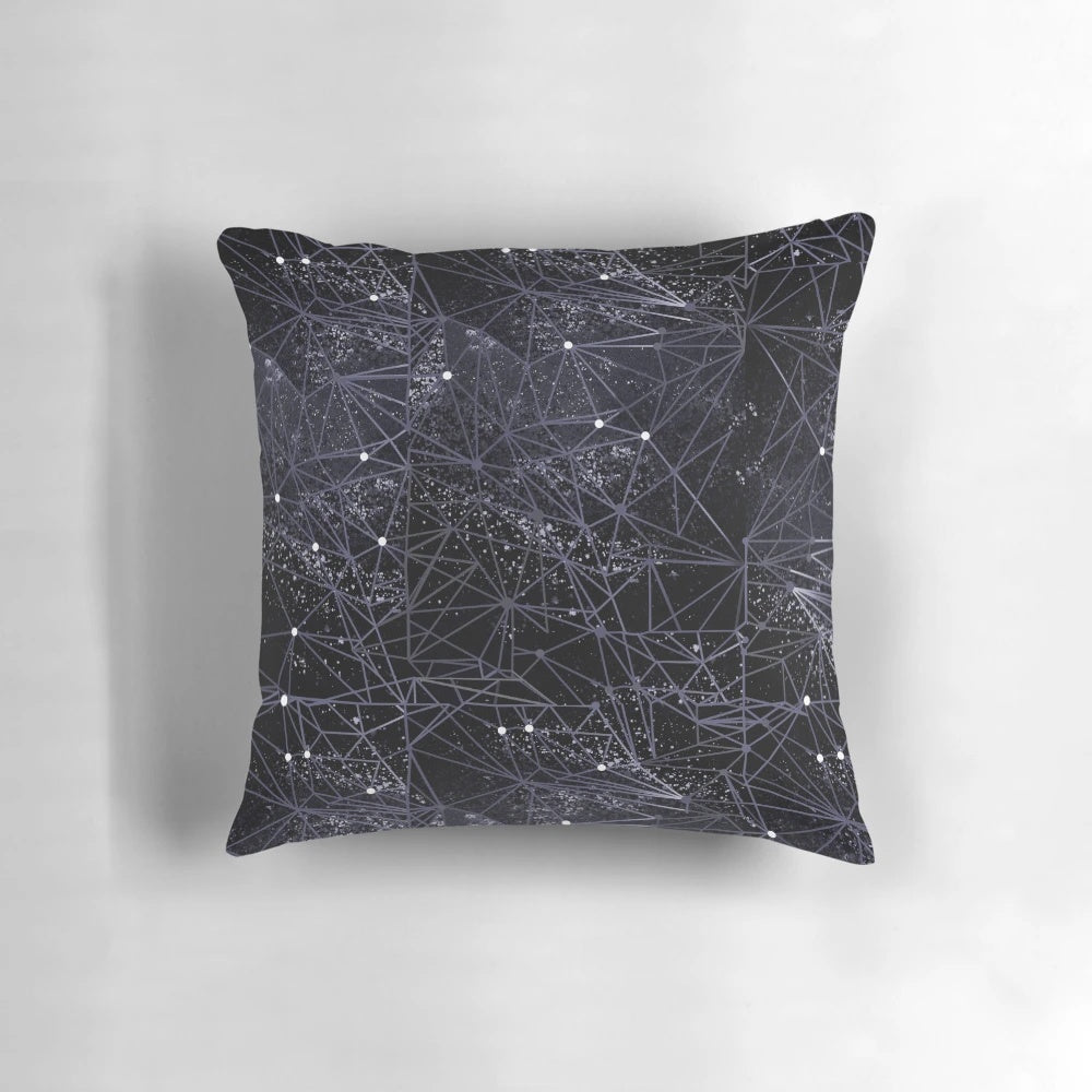 Stylish geometric space-themed throw pillow with abstract black and white pattern