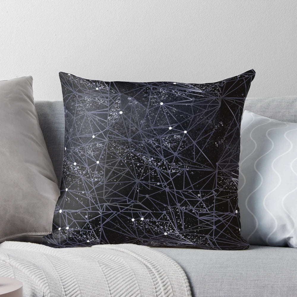 Stylish geometric space-themed throw pillow with abstract black and white pattern