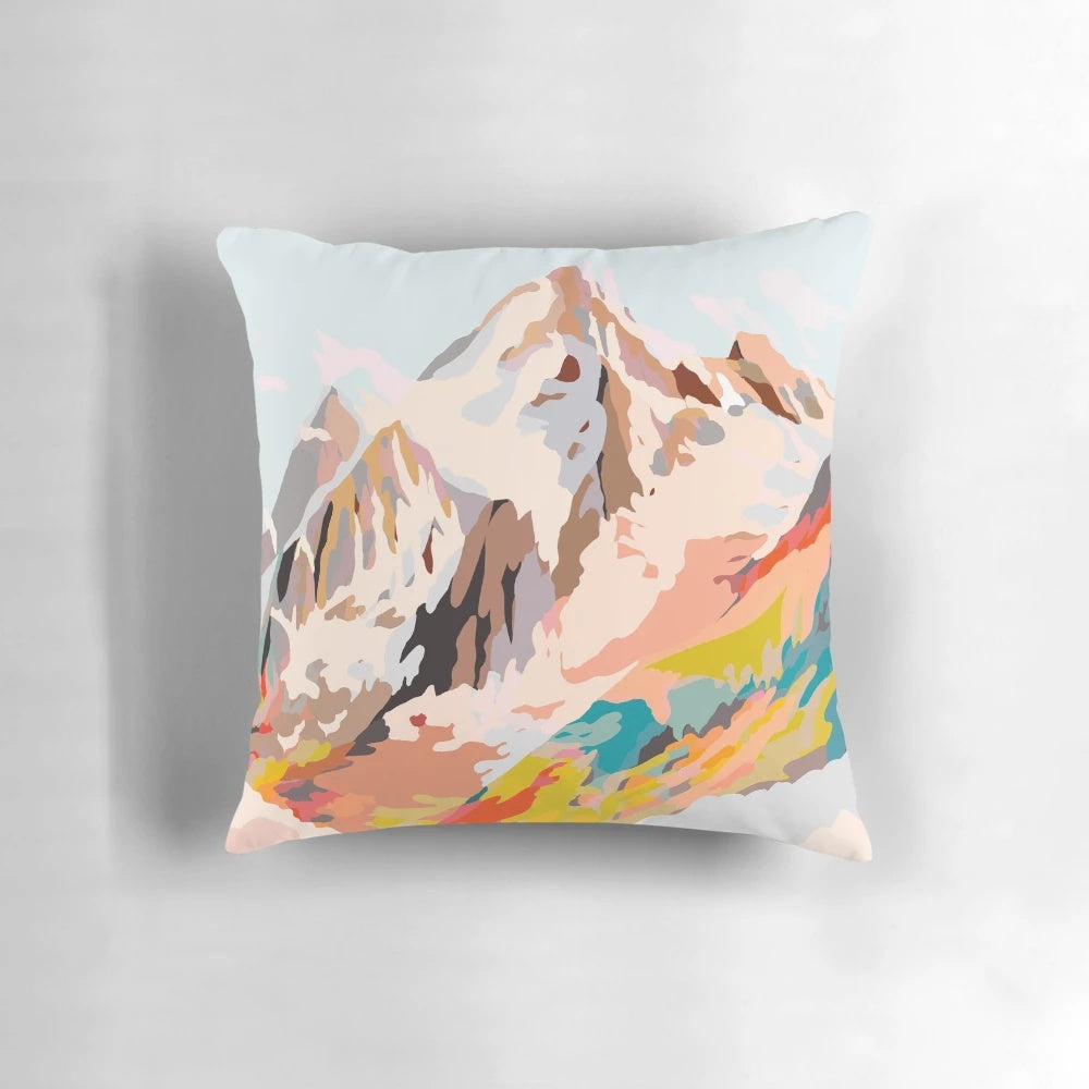 Vibrant and abstract glass mountains landscape printed on a decorative pillow