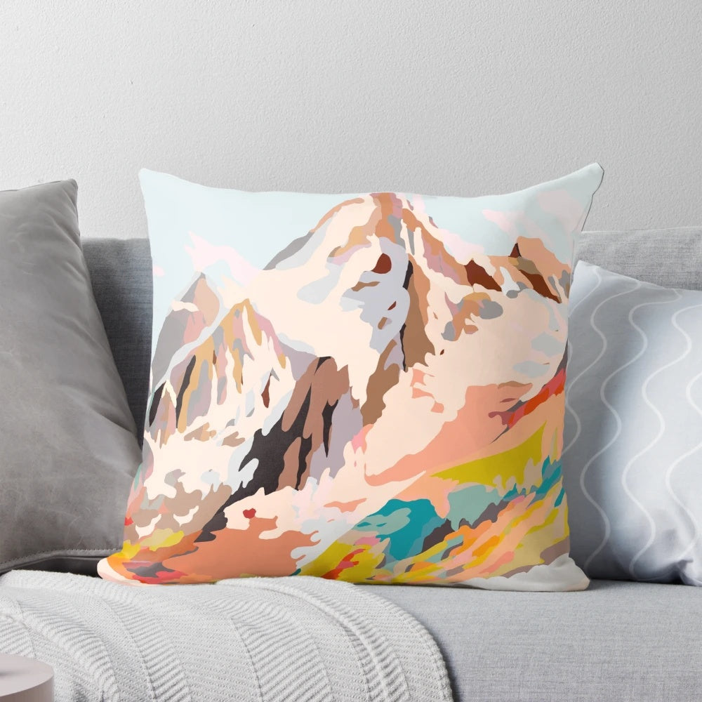 Vibrant and abstract glass mountains landscape printed on a decorative pillow