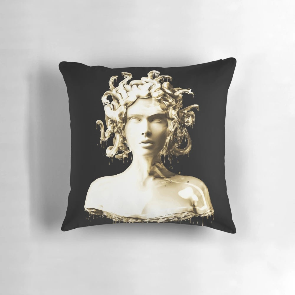 Elegant gold Medusa pillow with a melting, shimmering effect inspired by Greek mythology