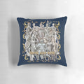 Decorative pillow featuring intricate collage of ancient Greek gods and goddesses sculptures