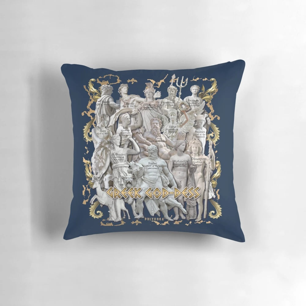 Decorative pillow featuring intricate collage of ancient Greek gods and goddesses sculptures