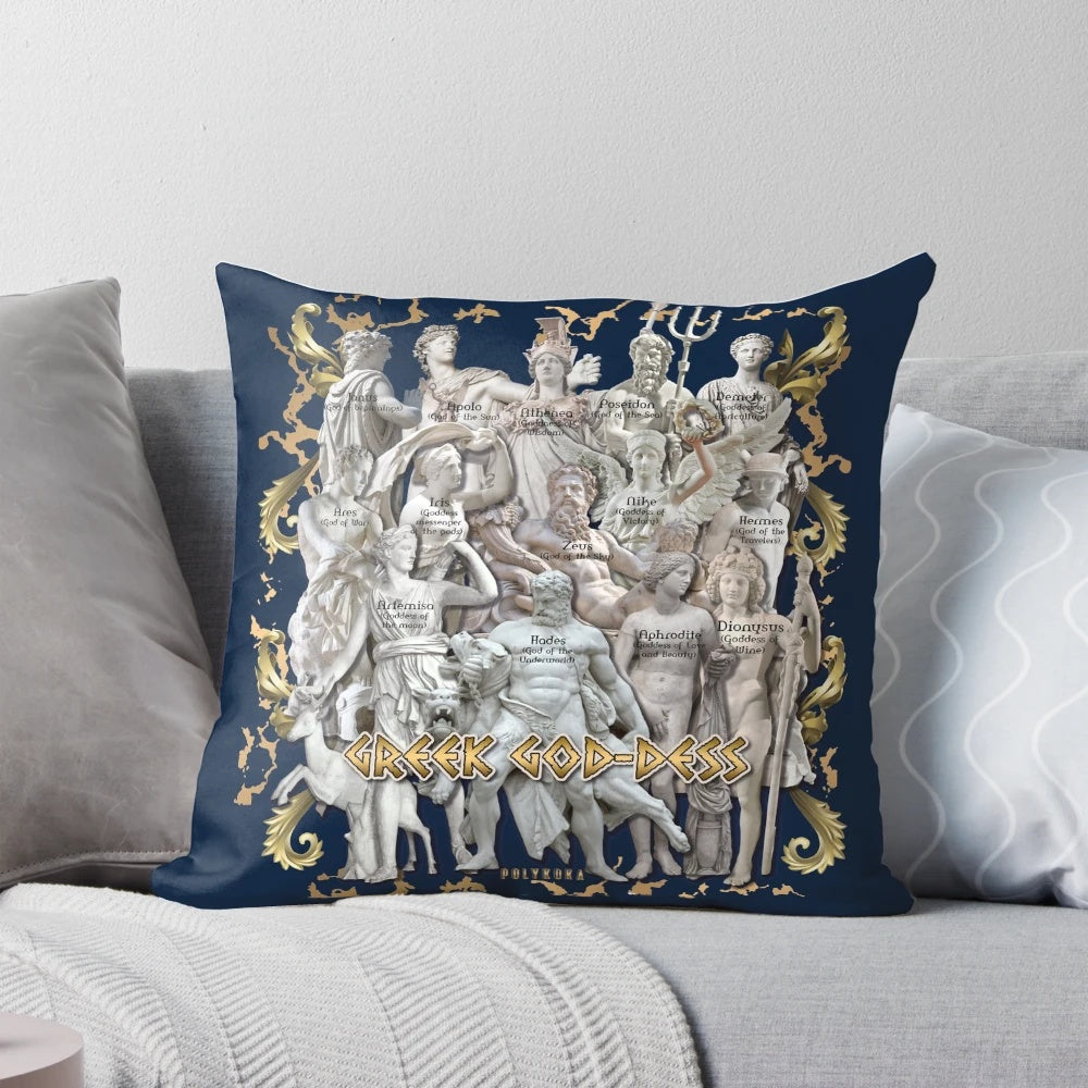 Decorative pillow featuring intricate collage of ancient Greek gods and goddesses sculptures