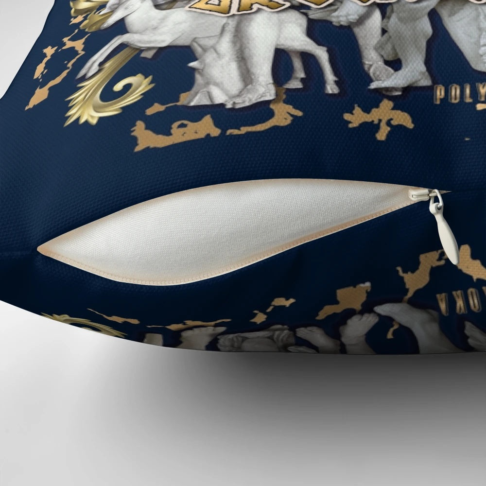 Decorative pillow featuring intricate collage of ancient Greek gods and goddesses sculptures
