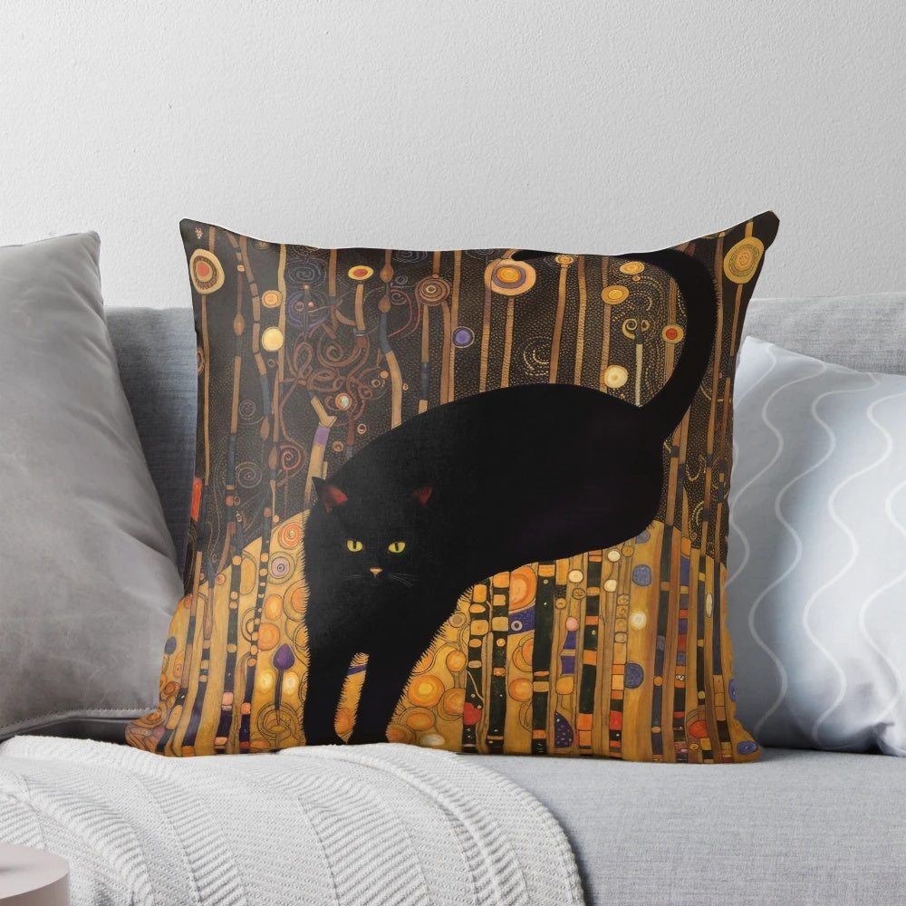 Elegant Gustav Klimt inspired cat pillow with intricate floral and gold design