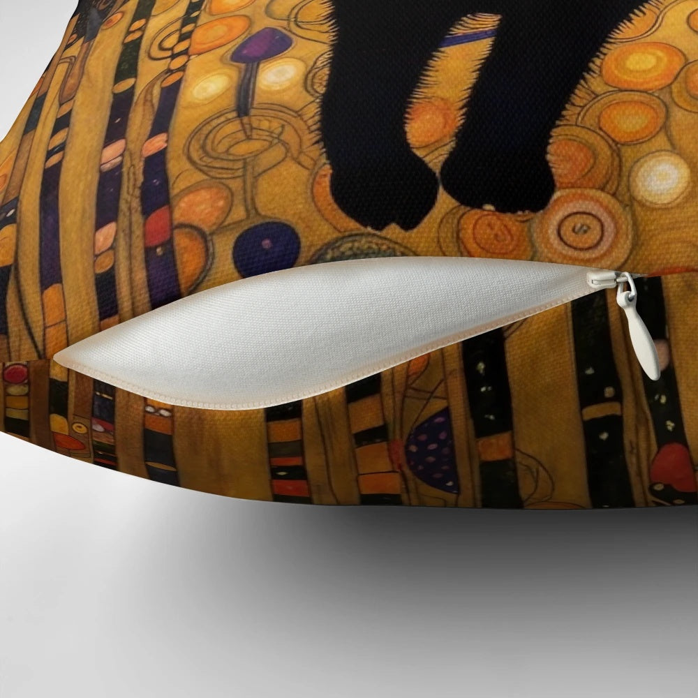 Elegant Gustav Klimt inspired cat pillow with intricate floral and gold design