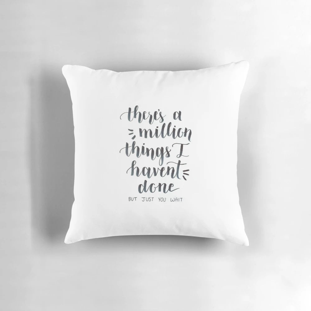 A beautifully designed "Hamilton the Musical" pillow featuring hand-lettered calligraphy and quotes from the hit Broadway show.