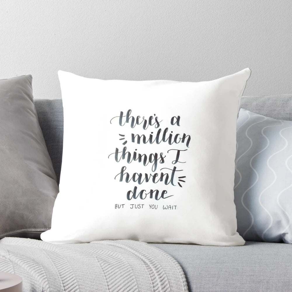A beautifully designed "Hamilton the Musical" pillow featuring hand-lettered calligraphy and quotes from the hit Broadway show.