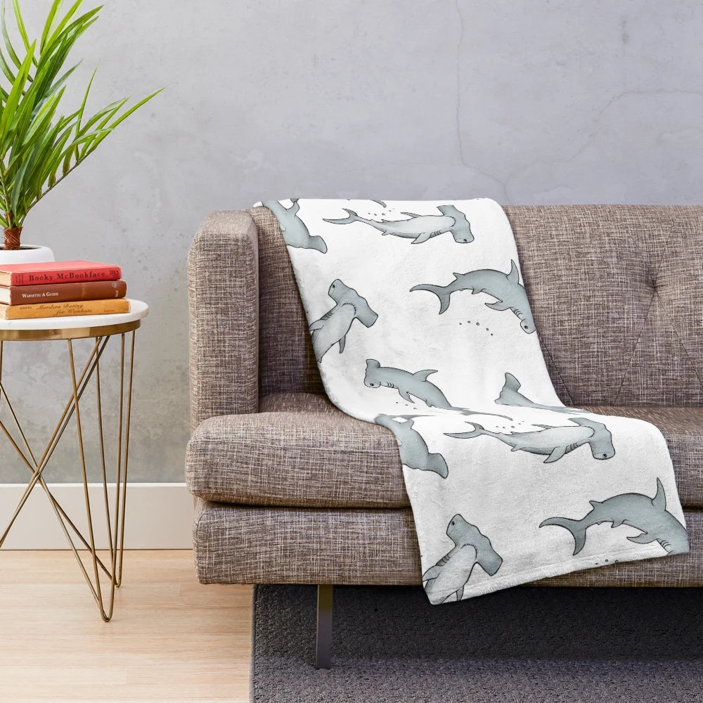 Hammerhead shark plush blanket with detailed ocean pattern design