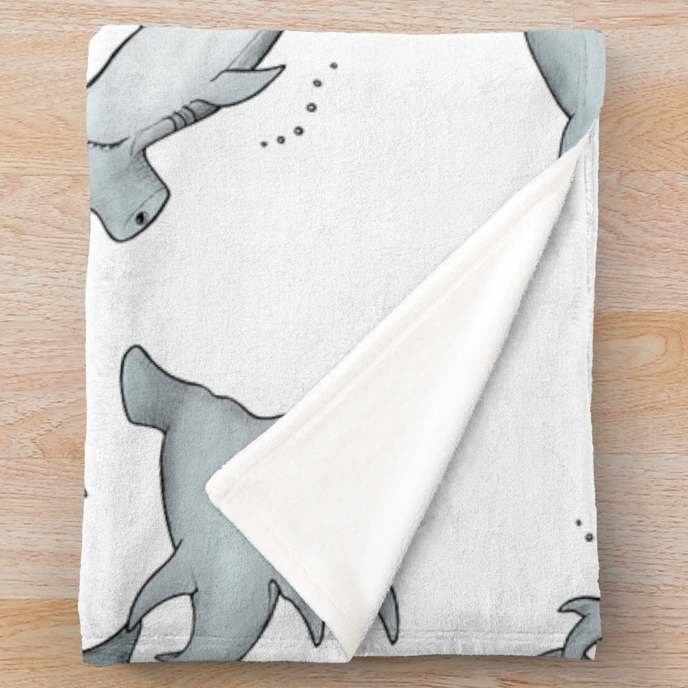 Hammerhead shark plush blanket with detailed ocean pattern design