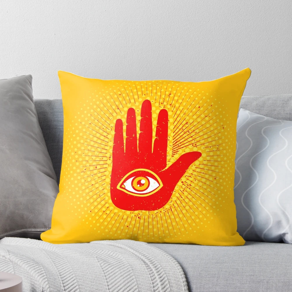 Artistic hand and eye pillow with abstract, alchemy-inspired design