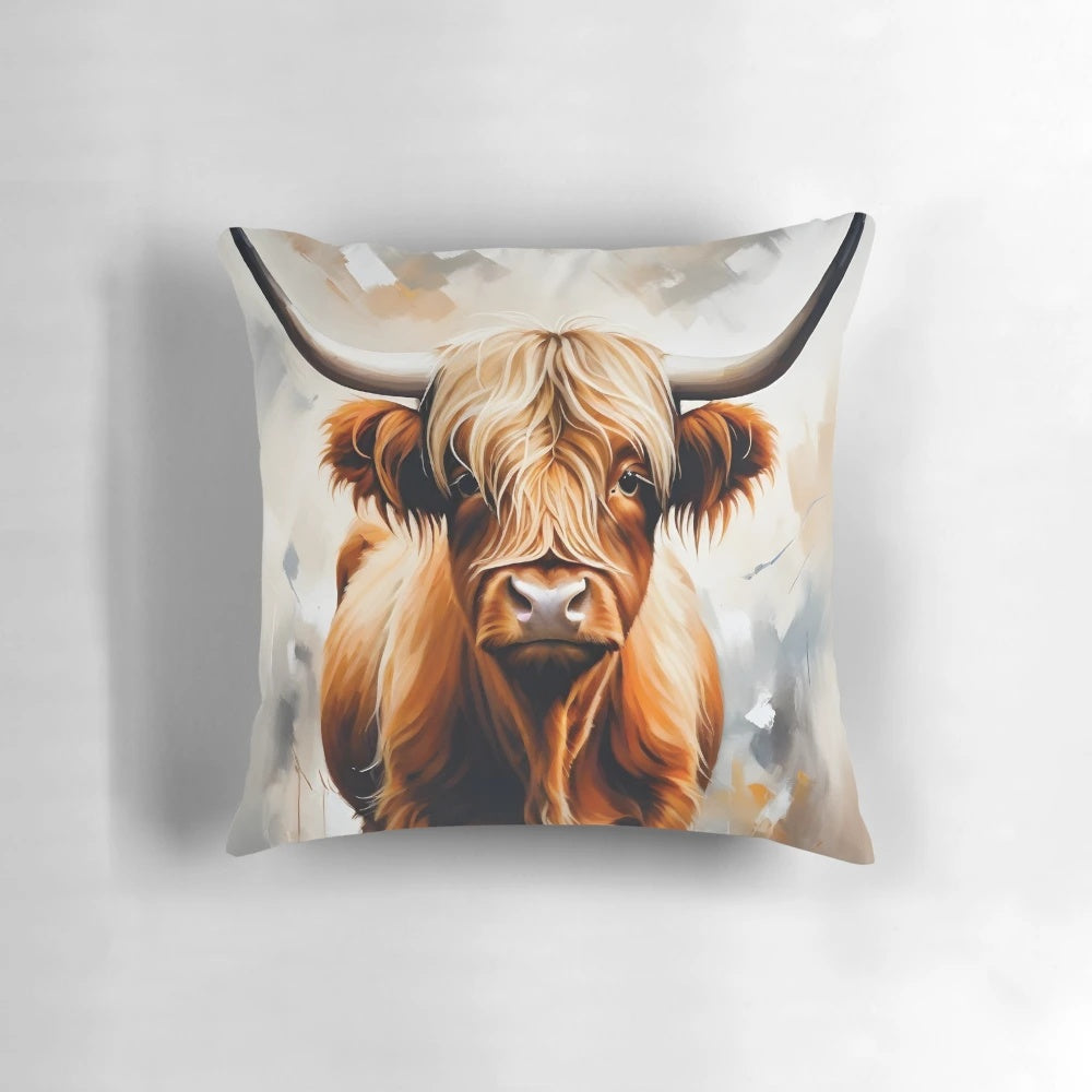 Soft, fluffy highland cow portrait on a decorative pillow