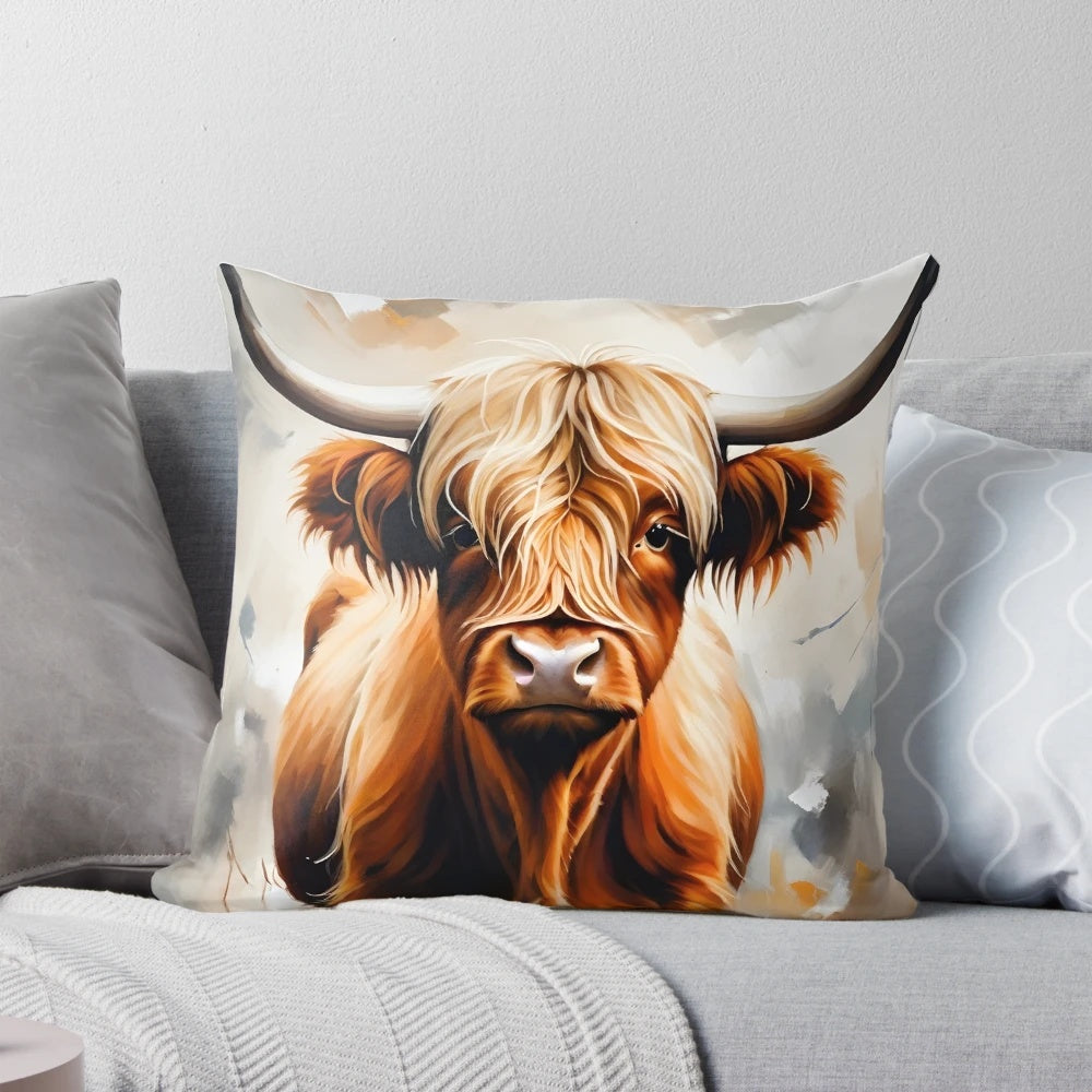 Soft, fluffy highland cow portrait on a decorative pillow