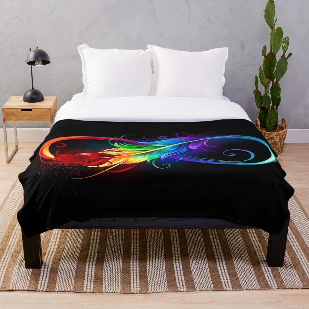 Infinity with rainbow feather on black background plush blanket