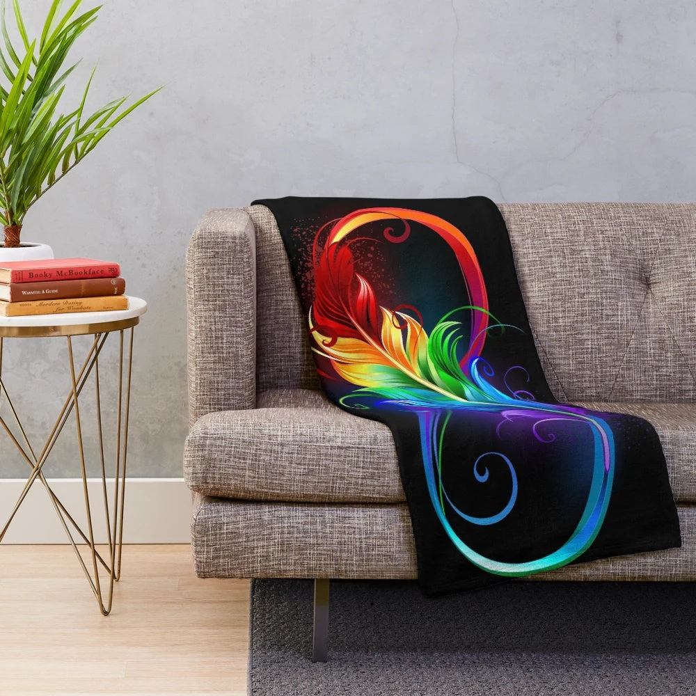 Infinity with rainbow feather on black background plush blanket