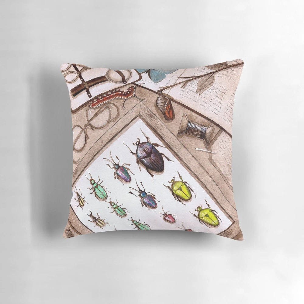 Artistic depiction of pinned insects in a scientific insect collection on a decorative pillow
