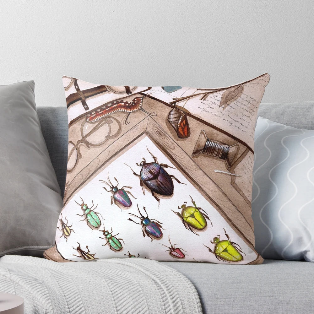 Artistic depiction of pinned insects in a scientific insect collection on a decorative pillow