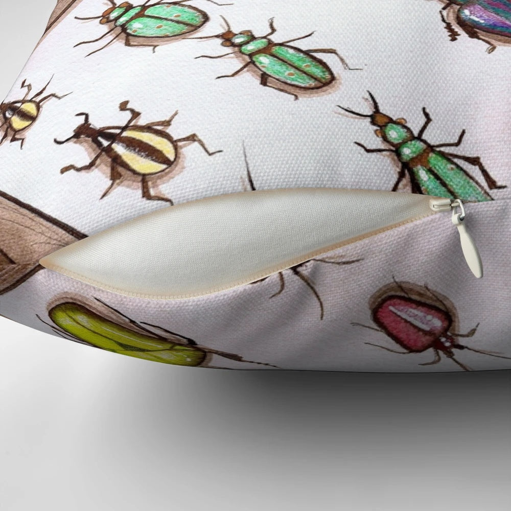 Artistic depiction of pinned insects in a scientific insect collection on a decorative pillow