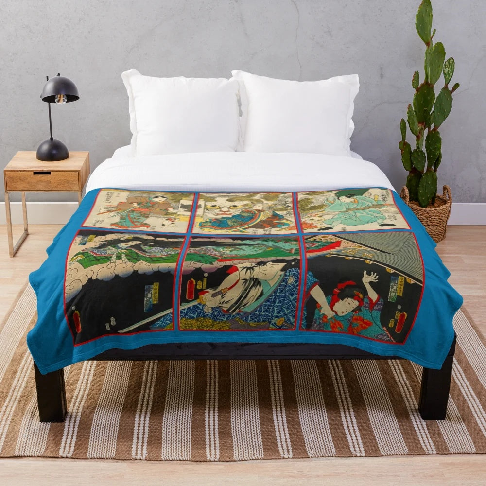 Plush blanket featuring a fierce cat monster from Japanese-inspired artwork