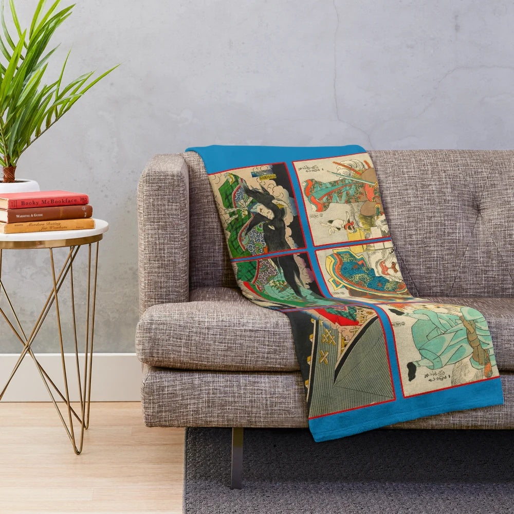 Plush blanket featuring a fierce cat monster from Japanese-inspired artwork