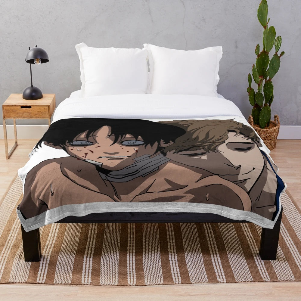 Killing Stalking-inspired plush blanket with focus on dark romance and thriller elements