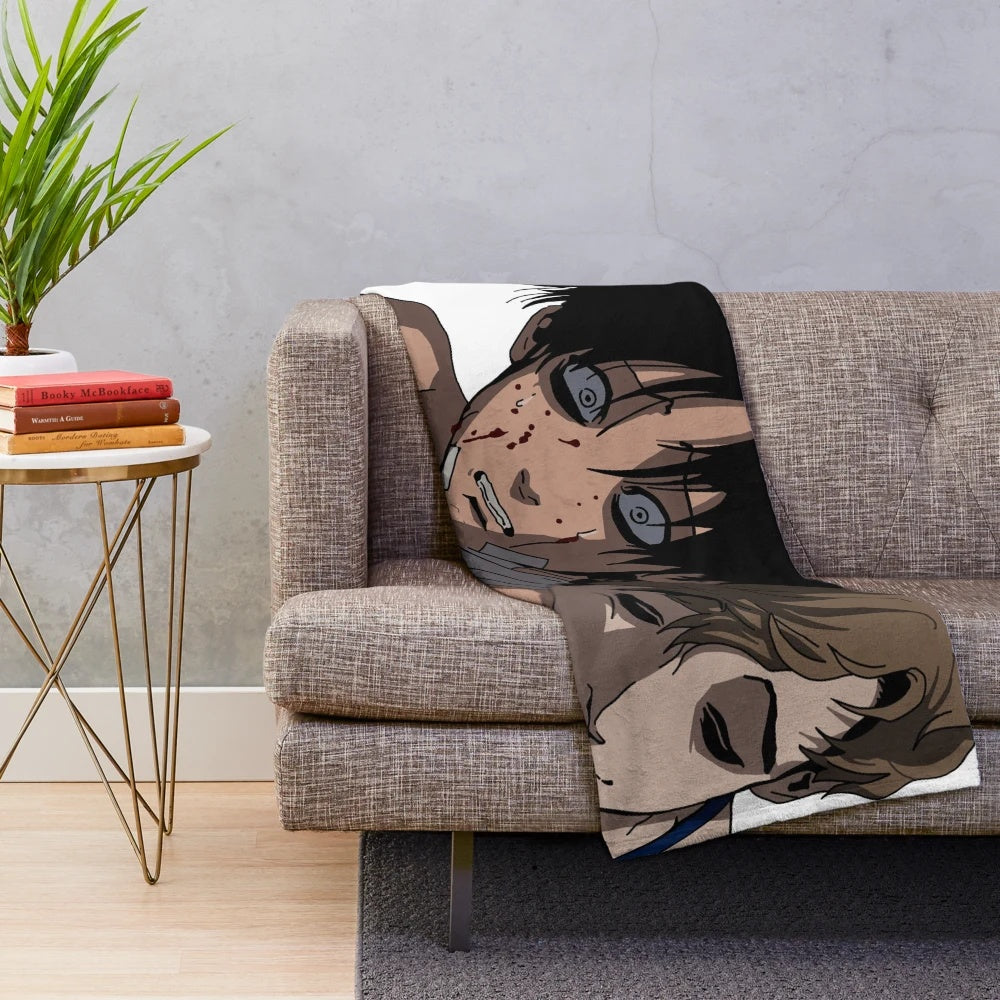 Killing Stalking-inspired plush blanket with focus on dark romance and thriller elements