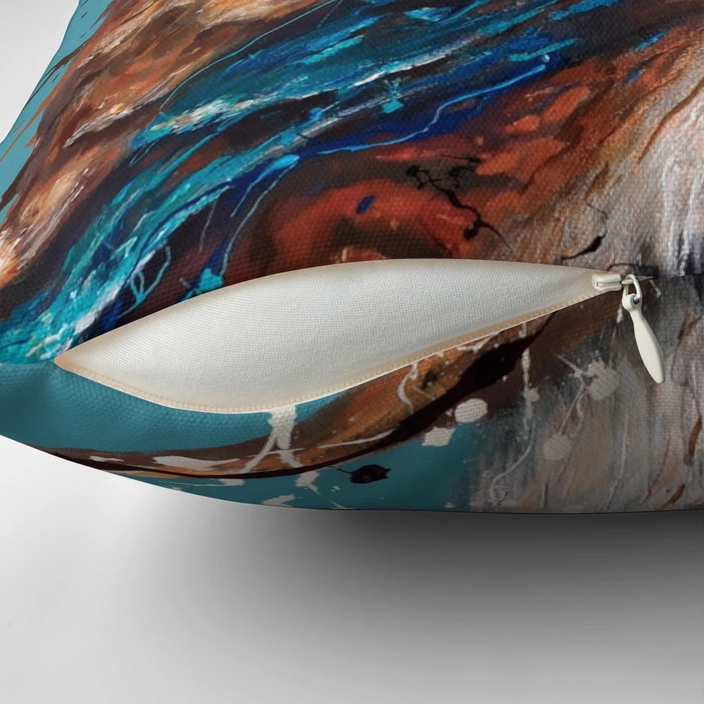 A vibrant and expressive painting of an Australian kookaburra bird on a decorative pillow