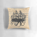 Pillow featuring a captivating illustration of a kraken attacking a ship in a steampunk-inspired nautical design.