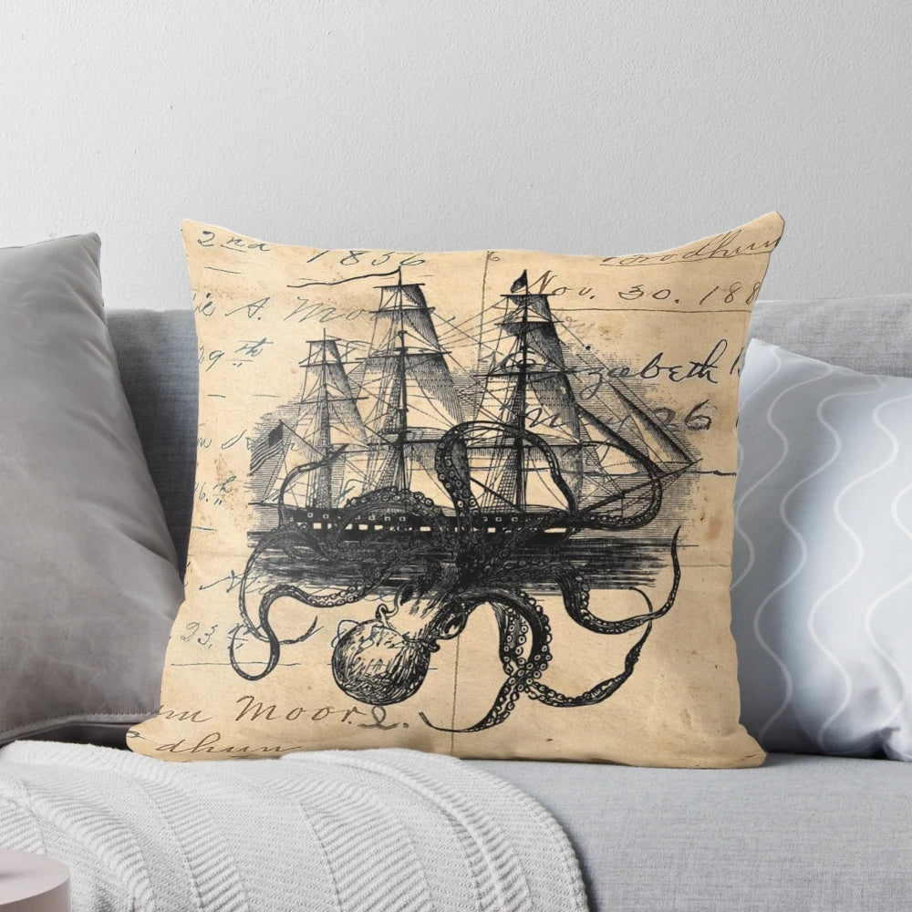 Pillow featuring a captivating illustration of a kraken attacking a ship in a steampunk-inspired nautical design.