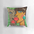 Soft, plush pillow featuring a majestic cheetah and lady design, perfect for adding a touch of natural elegance to your home.