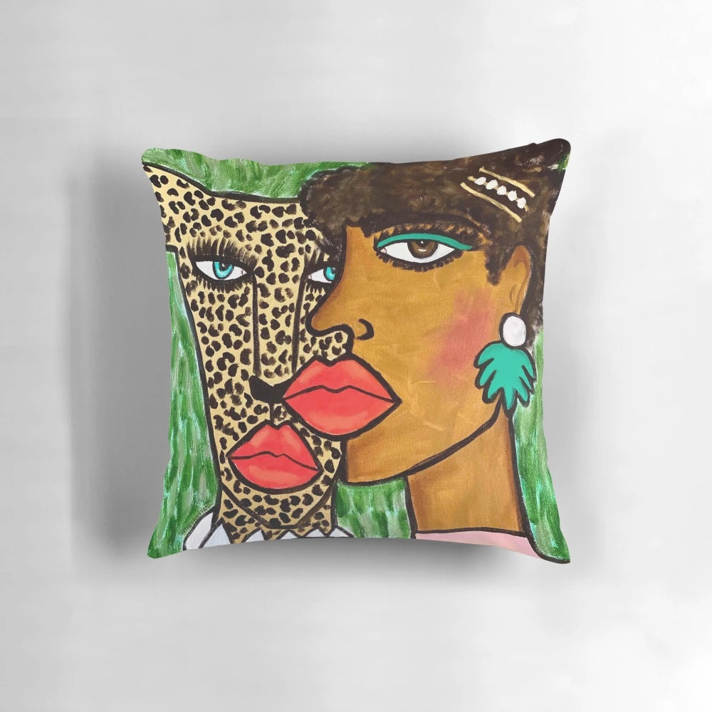 Soft, plush pillow featuring a majestic cheetah and lady design, perfect for adding a touch of natural elegance to your home.