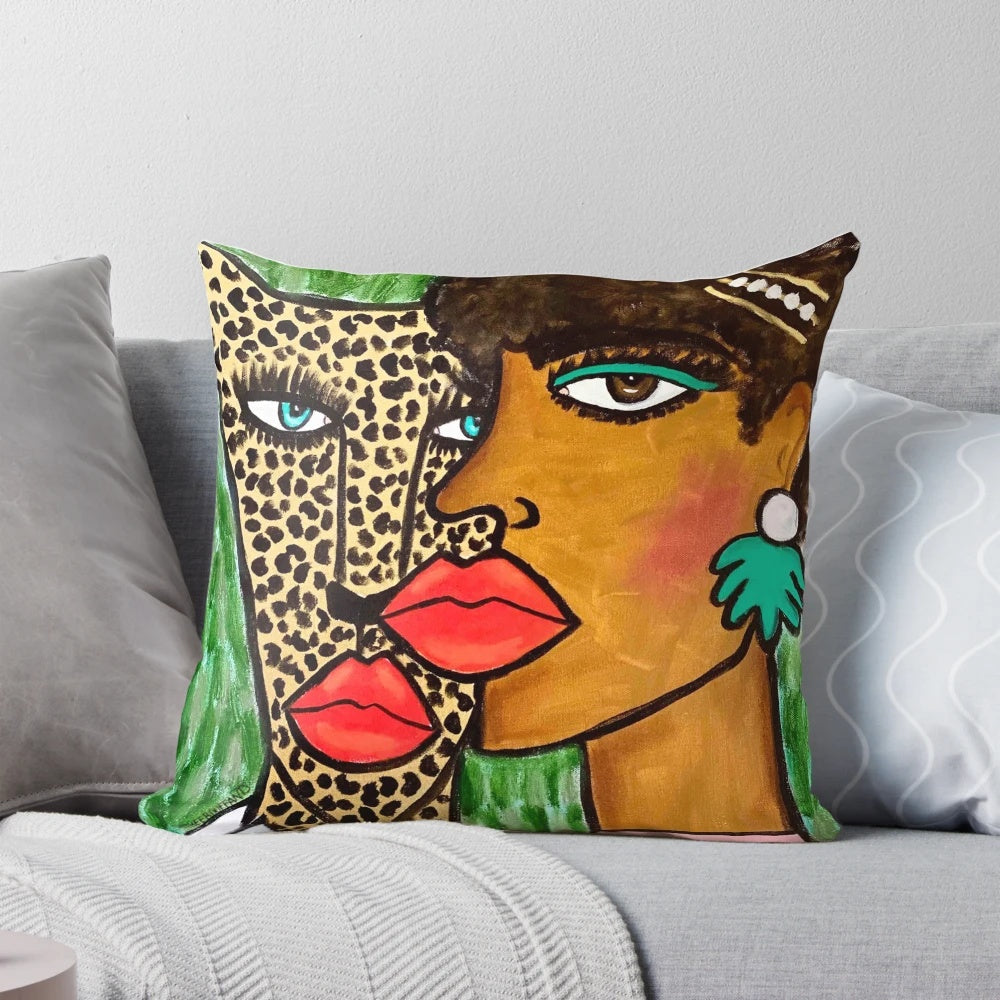 Soft, plush pillow featuring a majestic cheetah and lady design, perfect for adding a touch of natural elegance to your home.